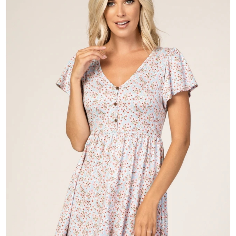 Pink Blush Blue Floral Accent Ruffle Dress